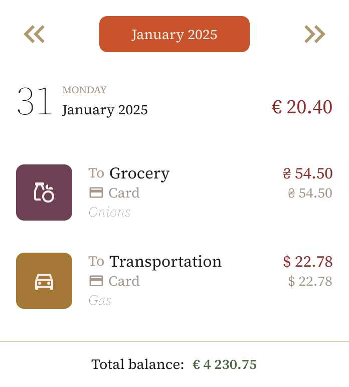 Transactions screen with household total